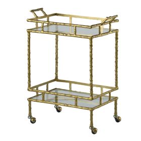 30 Inch 2 Tier Bar Cart, Aluminum Frame, Clear Glass Shelves, Antique Brass