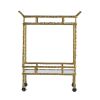 30 Inch 2 Tier Bar Cart, Aluminum Frame, Clear Glass Shelves, Antique Brass