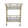 30 Inch 2 Tier Bar Cart, Aluminum Frame, Clear Glass Shelves, Antique Brass