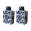 9 Inch Ceramic Lidded Jar, Rectangular Blue Orchid and Flowers, Set of 2