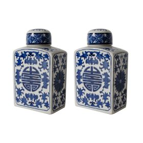 9 Inch Ceramic Lidded Jar, Rectangular Blue Orchid and Flowers, Set of 2