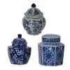 6, 6, 7 Inch Lidded Jars, Persian Inspired Blue Flowers, Curved, Set of 3