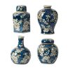 Set of 4 Lidded Jars and Vases, Classic Curved Round Blue and White Ceramic