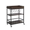 Kelcy 34 Inch Modern Kitchen Bar Cart, 3 Shelves, Wine Rack, Wheels, Brown