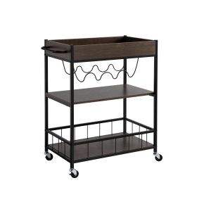 Kelcy 34 Inch Modern Kitchen Bar Cart, 3 Shelves, Wine Rack, Wheels, Brown