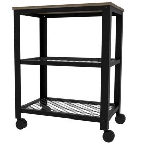 Fin 30 Inch Rolling Kitchen Bar Cart, 2 Mesh Shelves, Black Plated Steel