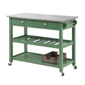 Irvin 44 Inch Modern Kitchen Island, 2 Drawers and Wheels, Wine Rack, Green