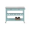 Bray 44 Inch Rolling Kitchen Bar Cart With Stainless Steel Top, Teal Blue