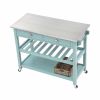 Bray 44 Inch Rolling Kitchen Bar Cart With Stainless Steel Top, Teal Blue