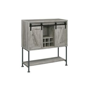 44 Inch Sliding Barn Door Wine Bar Cabinet, Smooth Gray Wood, Open Shelf