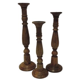 Benzara Wooden Natural Finish Pillar Shaped Candleholder, Set of 3, Brown