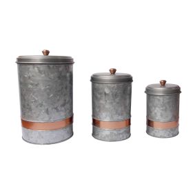 Benzara AMC0014 Galvanized Metal Lidded Canister With Copper Band, Set of Three, Gray