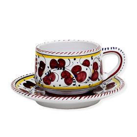 ORVIETO RED ROOSTER: Cup and Saucer [STRIPED RIM]