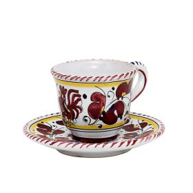 ORVIETO RED ROOSTER: Espresso cup and Saucer [STRIPED RIM]