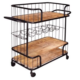 Metal Frame Bar Cart with Wooden Top and 2 Shelves, Black and Brown