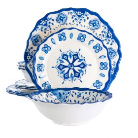 Elama Blue Garden 12 Piece Scalloped Lightweight Melamine Dinnerware Set In Blue