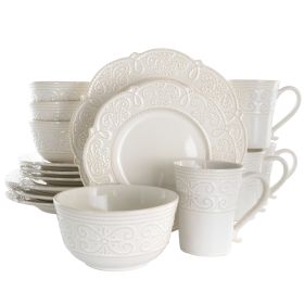 Elama Luna 16 Piece Embossed Scalloped Stoneware Dinnerware Set In White