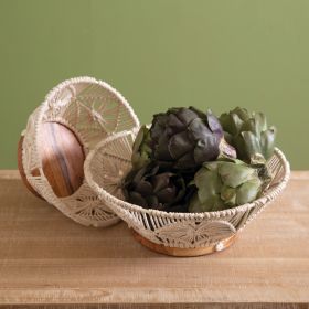 Set of Two Wood and Macrame Bowls