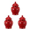 6 Inch Small Ginger Jar, Lidded, Porcelain, Bell Shape Set of 3, Red