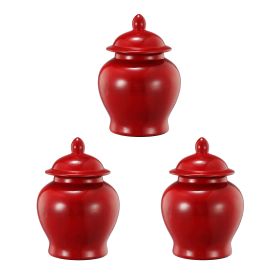 6 Inch Small Ginger Jar, Lidded, Porcelain, Bell Shape Set of 3, Red (Color: Red)